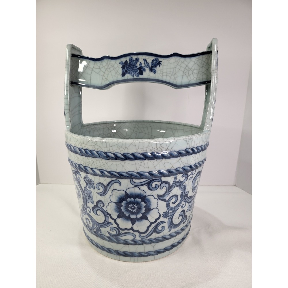 Beautiful Vintage Chinoiserie Crackle Glaze Bucket Planter Bird Peony Cachepot